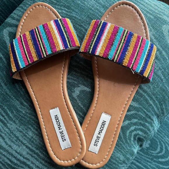 Steve Madden Shoes - Steve Madden Tan Slide Sandals with Multicolor Beaded Straps